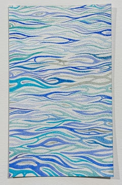 Aqua, Iridescent Abstract Watercolor Linear Art Drawing in blue, turquoise