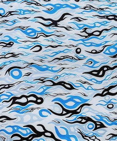 Vents espiègles, argent irisé, bleu, noir aquarelle abstraite encadrée