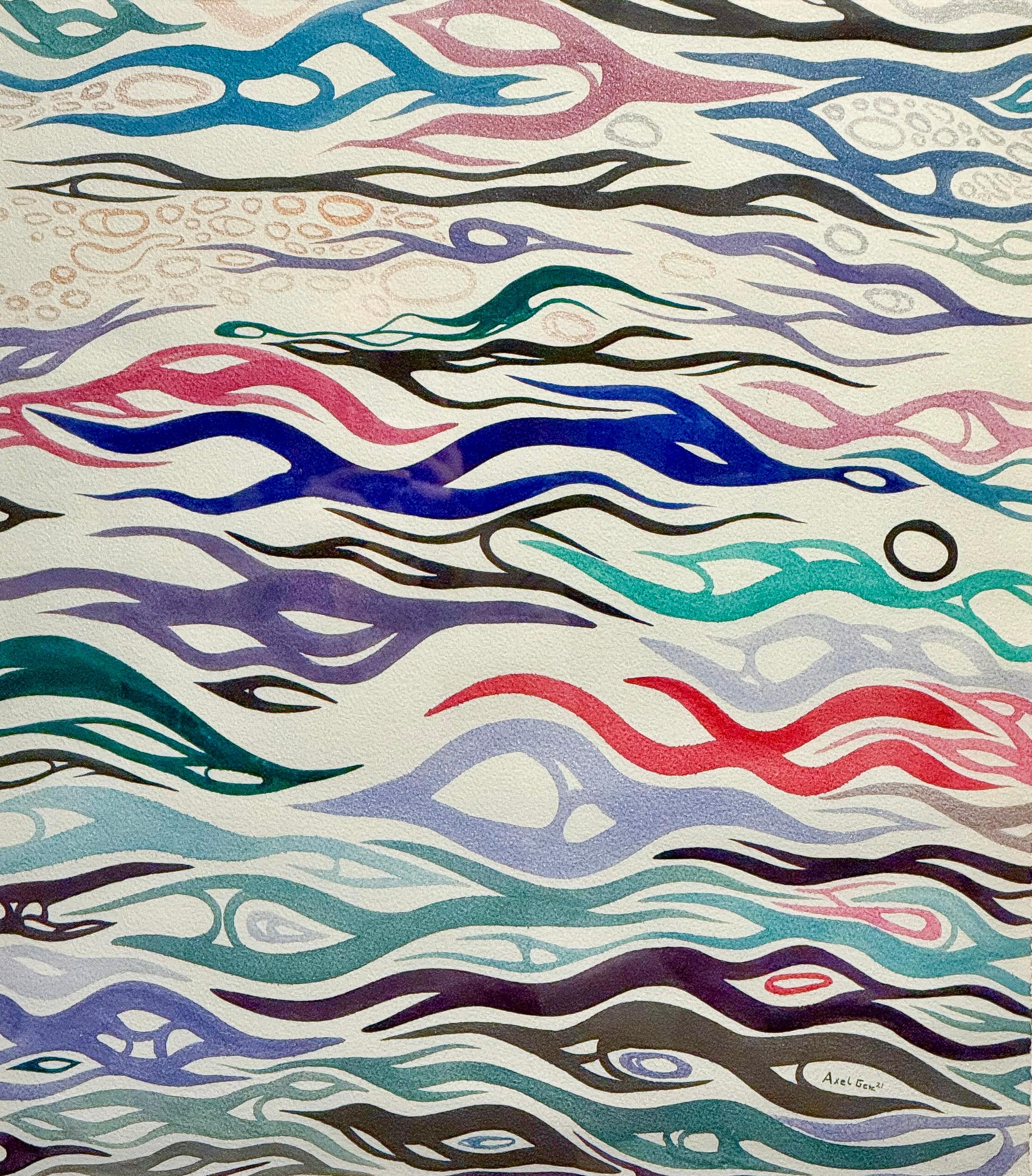 Abstract Drawing Axel Getz - Calmar, peinture abstraite à l'aquarelle multicolore irisée
