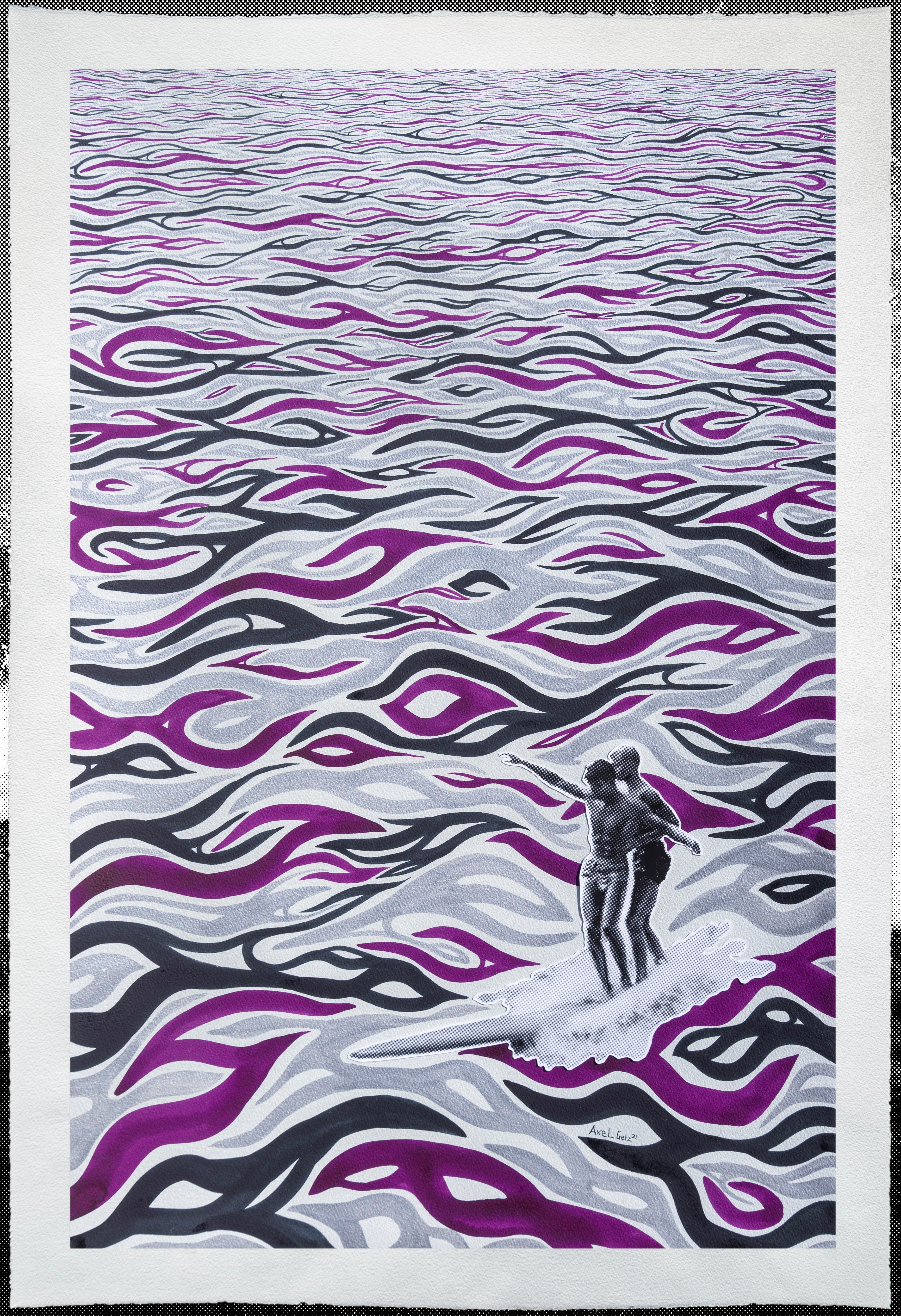 Macking - Surf Collage Aquarell lila schwarzes Silber mit Swarovski-Kristallen (Grau), Figurative Art, von Axel Getz