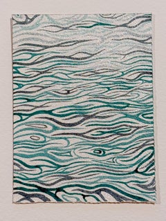 A Silver, petit dessin linéaire abstrait à l'aquarelle en vert, noir et argent.
