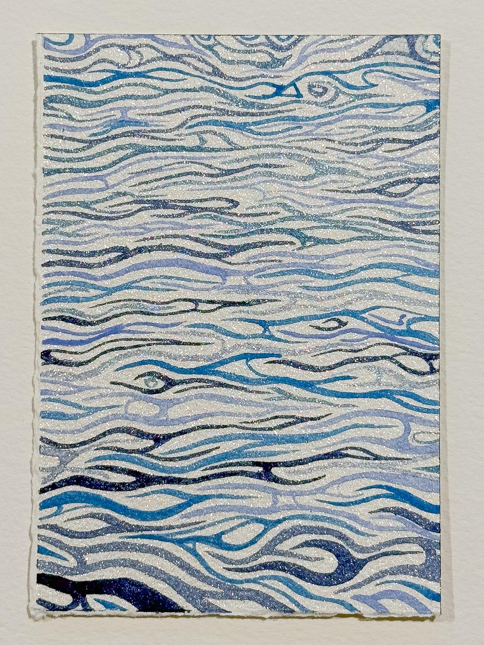 Abstract Drawing Axel Getz - Lagoon, petit dessin d'art linéaire abstrait à l'aquarelle en bleu, aqua, silver