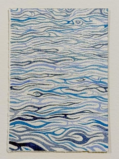 Lagoon, petit dessin d'art linéaire abstrait à l'aquarelle en bleu, aqua, silver