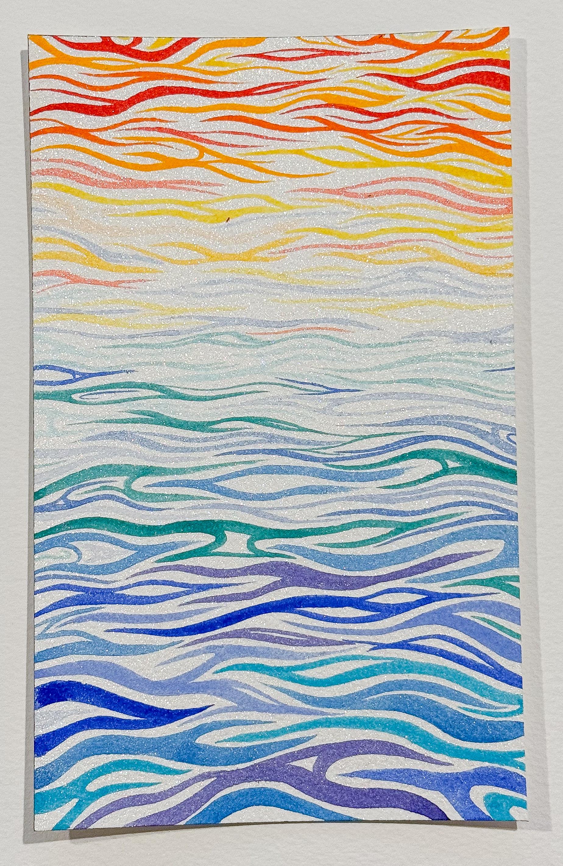 Abstract Drawing Axel Getz - Prisme, Dessin linéaire abstrait à l'aquarelle irisée en bleu, turquoise