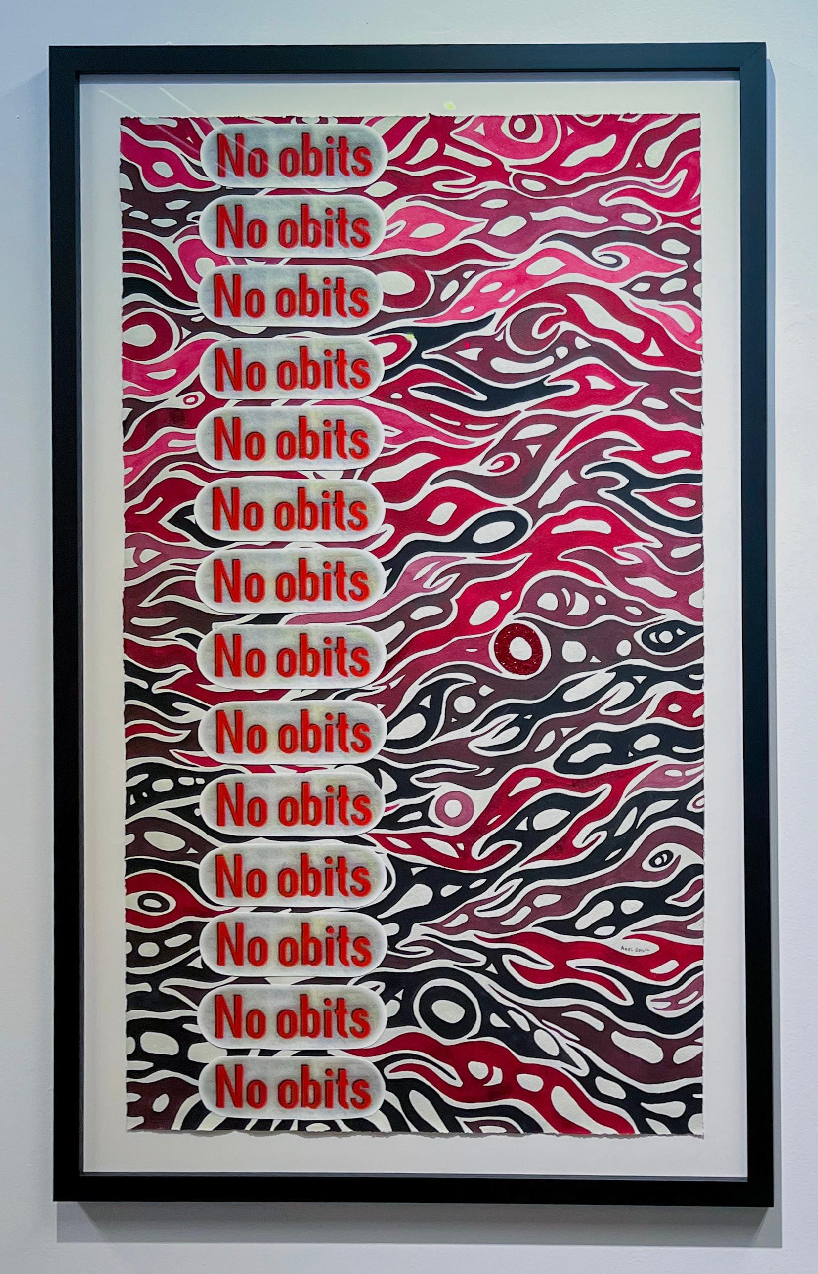 No Obits - Collage abstrait encadré Peinture aquarelle cristal en rouge et noir - Art de Axel Getz