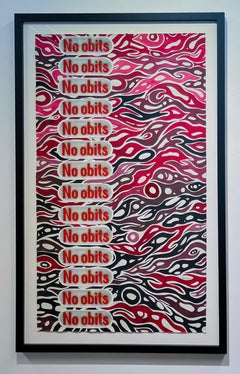 No Obits - Pittura astratta con collage di cristalli e acquerello incorniciata in rosso e nero