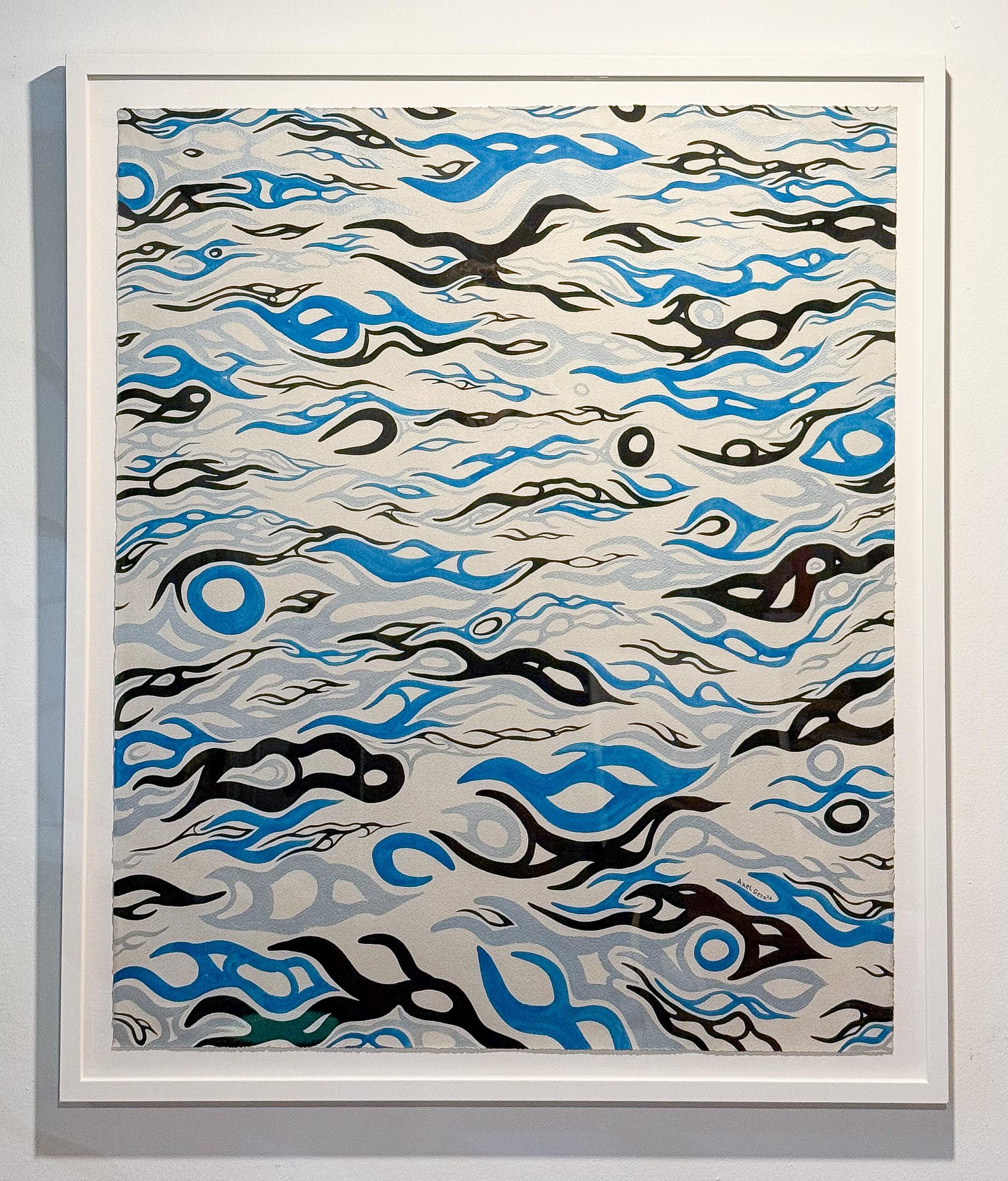 Vents espiègles, argent irisé, bleu, noir aquarelle abstraite encadrée - Art de Axel Getz
