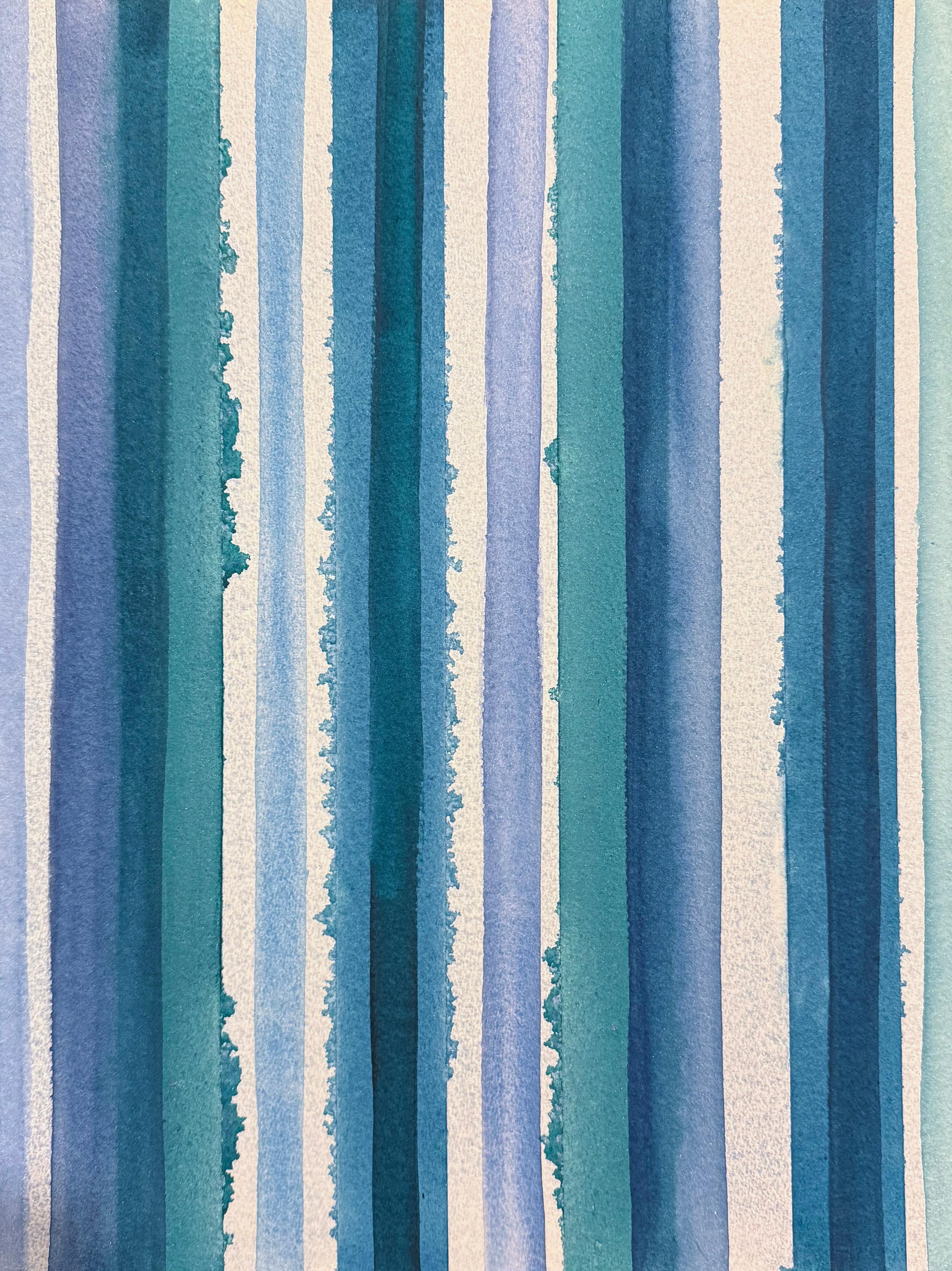 Abstract Drawing Axel Getz - Barres, art abstrait linéaire en bleu, aqua, argent irisé et vert