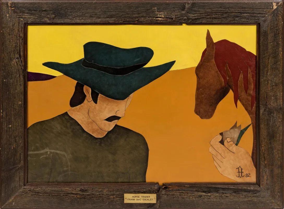 Horse Trader Leather Inlay Board, Signed 1982, Framed 58.4 x 73.7 cm - Mixed Media Art by Frank Diaz Escalet