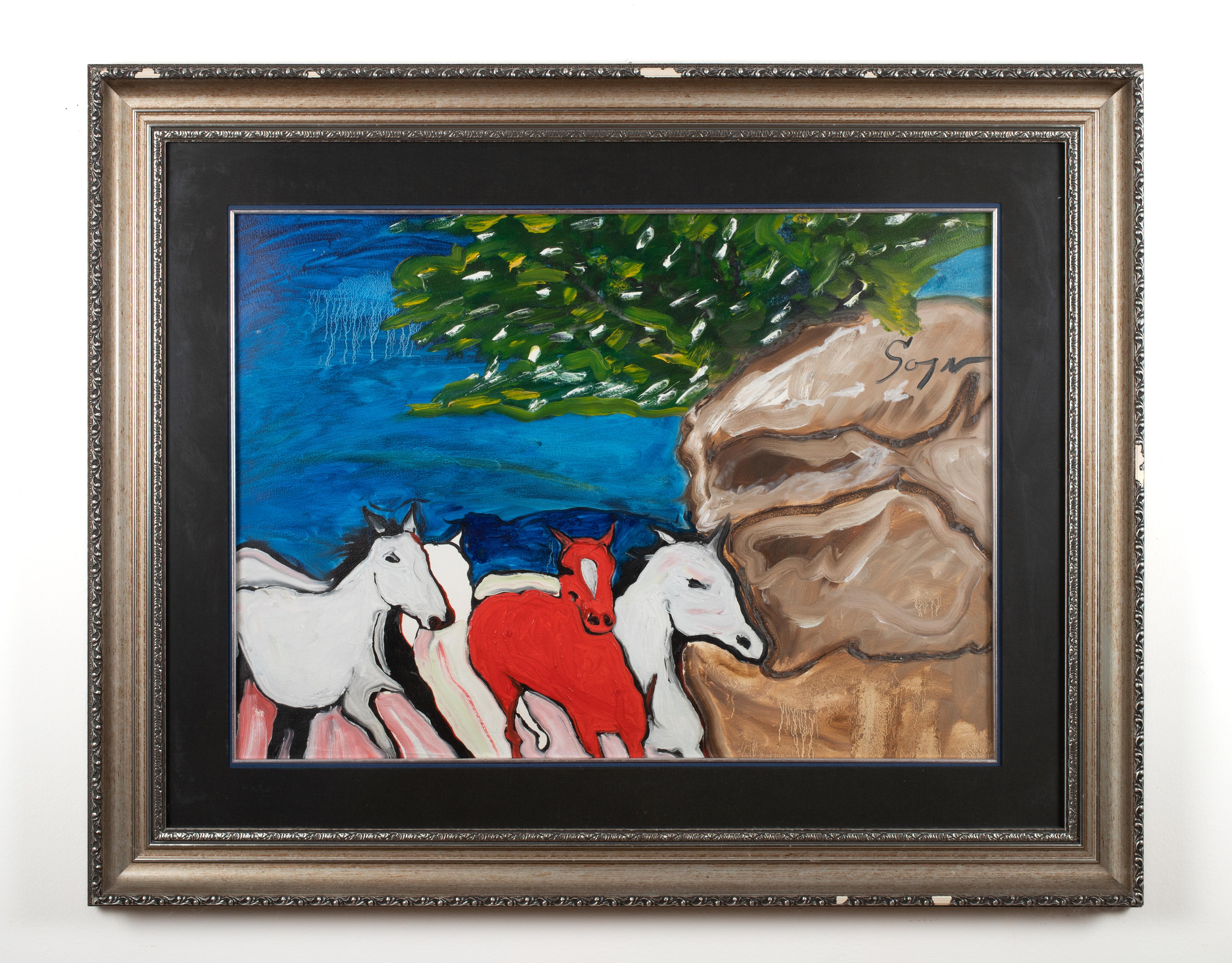 Billy Soza War Solider Animal Painting – Ohne Titel (Zwei Pferde)