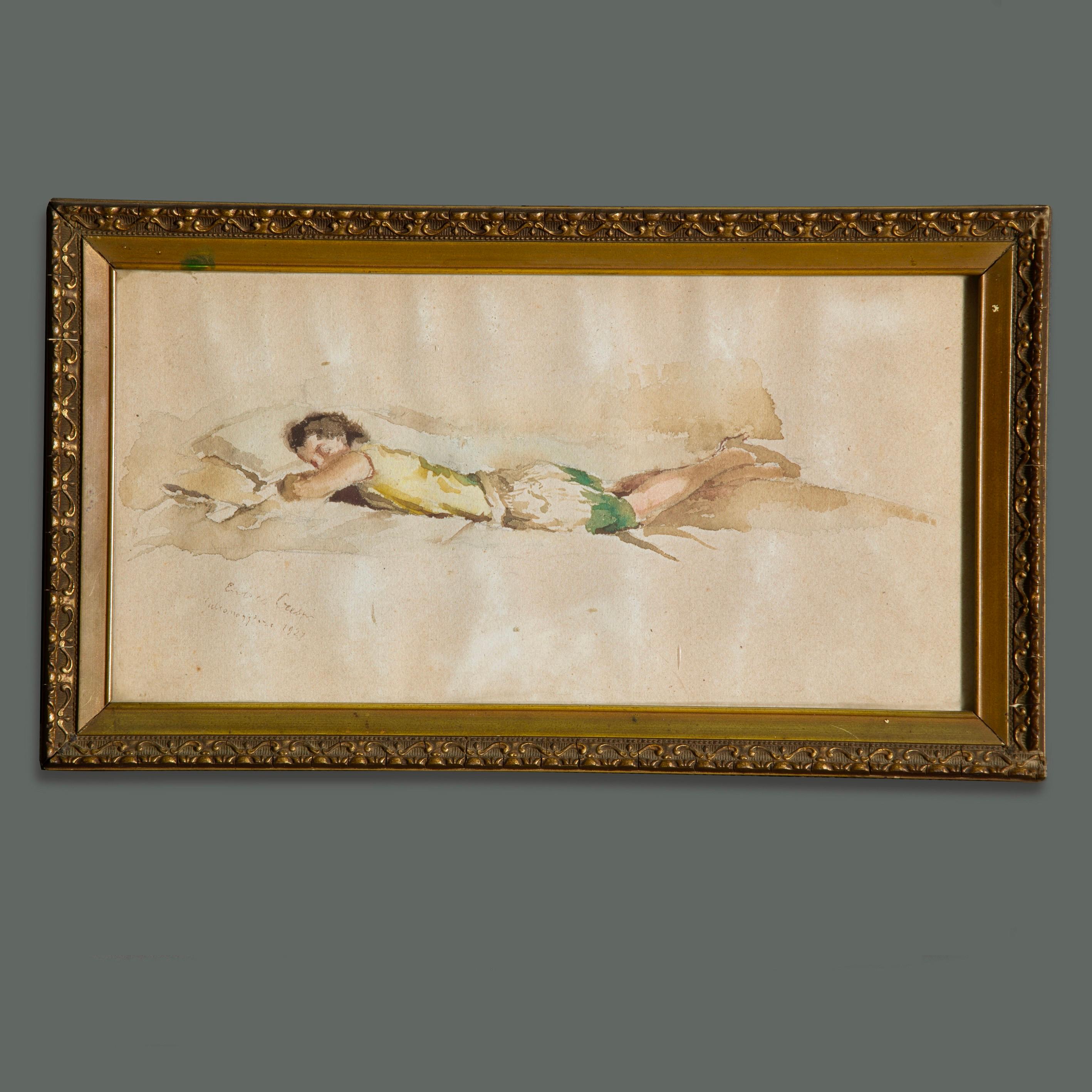 Art Decò Italian Portrait by Enrico Crespi Signed Located Dated Watercolor