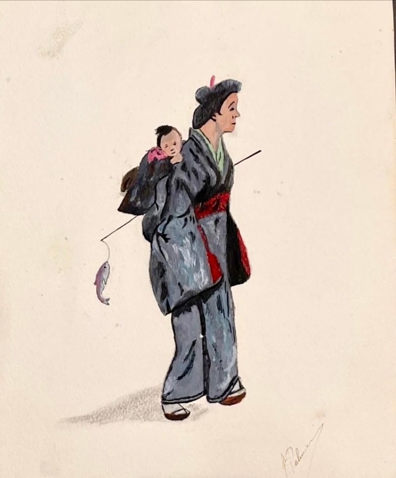 Aquarelle orientale moderne signée Femme avec Child