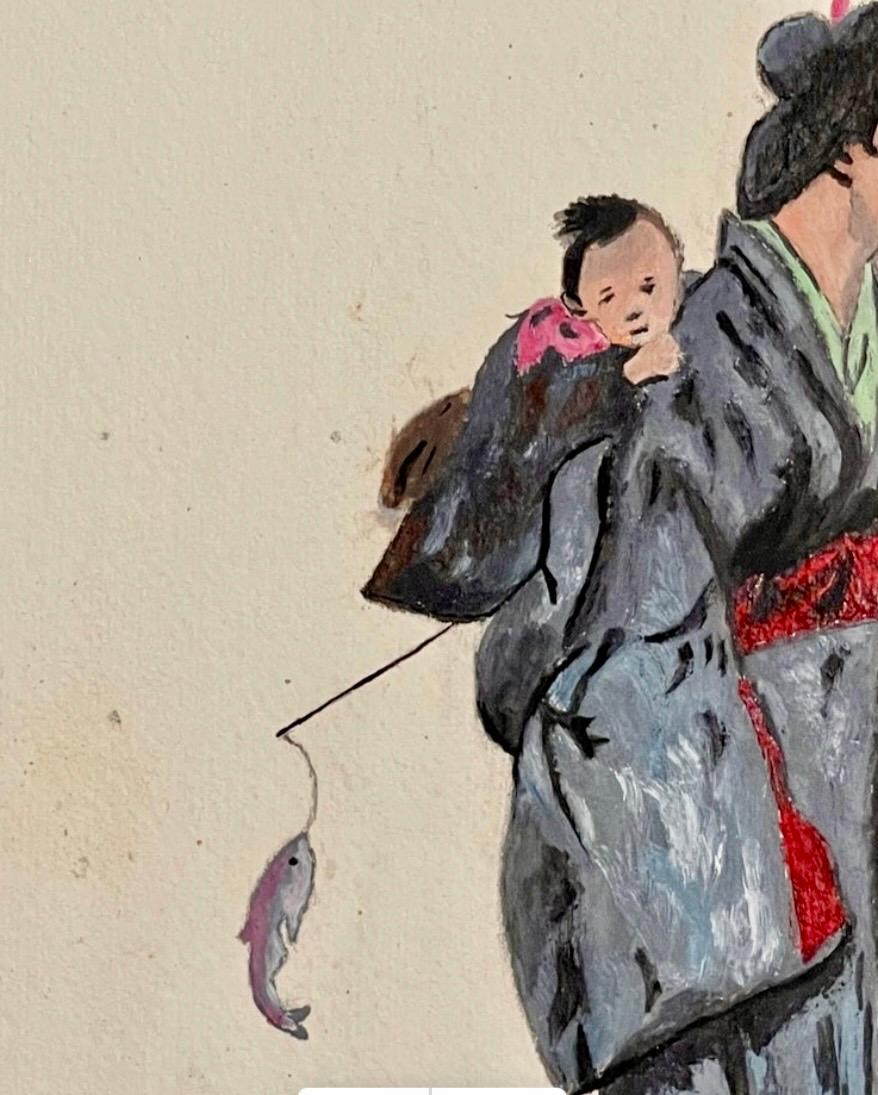 Modernes signiertes orientalisches Aquarell Frau mit Kind (Weiß), Portrait, von Georges Palmiéri 