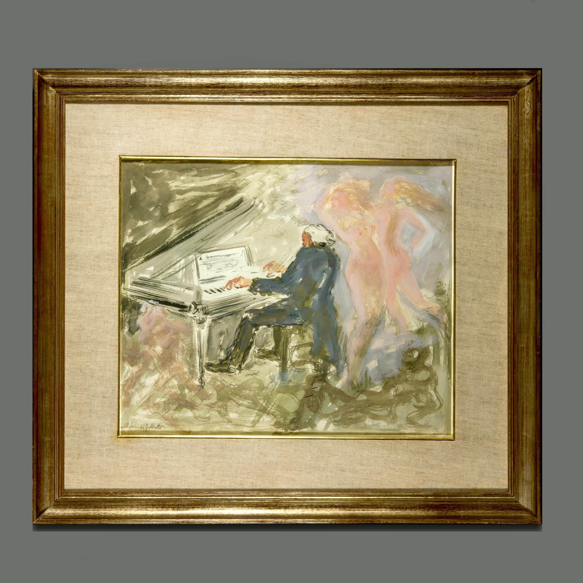 Italian Signed Mid-Century "Pianist " Angelo Urbani del Fabbretto Watercolor