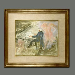 Acuarela italiana firmada de mediados de siglo titulada «El pianista», de Angelo Urbani del Fabbretto