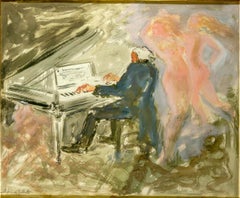 Acuarela italiana firmada de mediados de siglo titulada «El pianista», de Angelo Urbani del Fabbretto