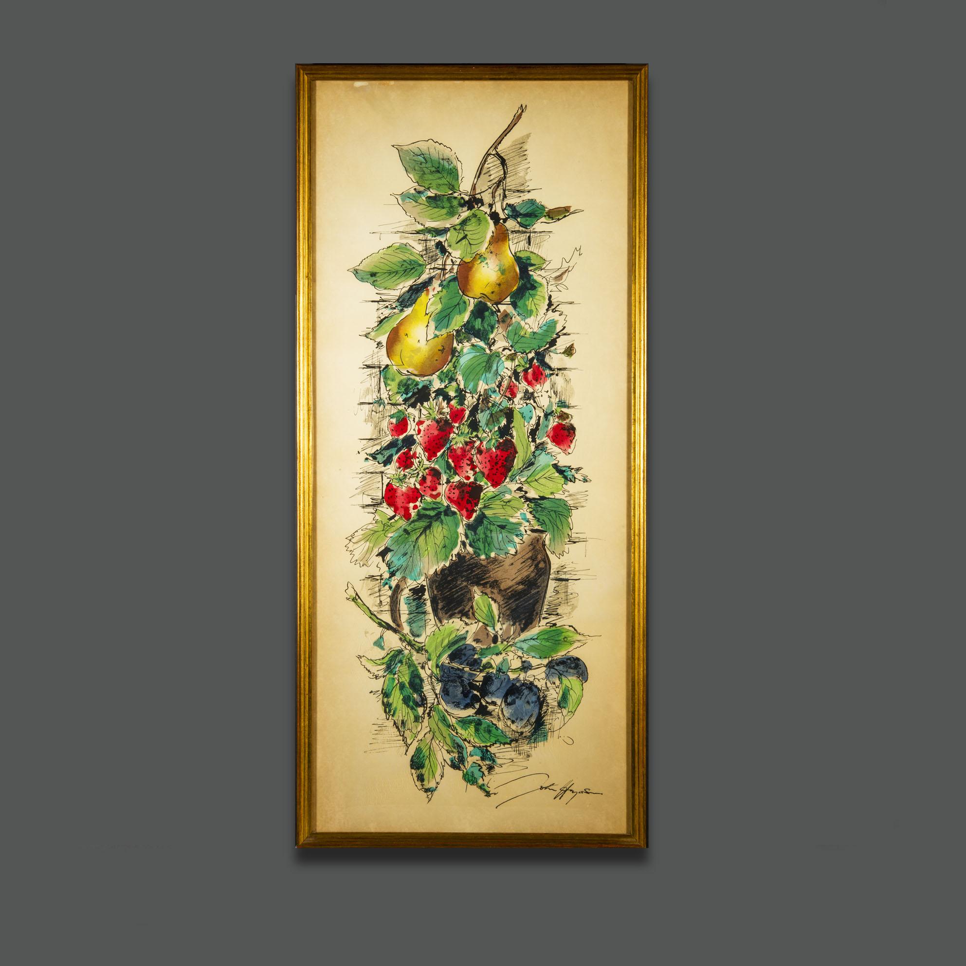 Disegno ad acquerello Still-Life firmato della metà del secolo scorso