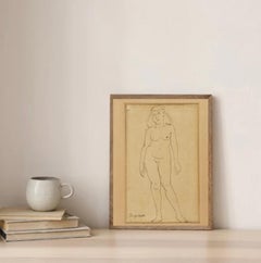 Standing Nude Female Figure Drawing Modernist Style Signed 1930s