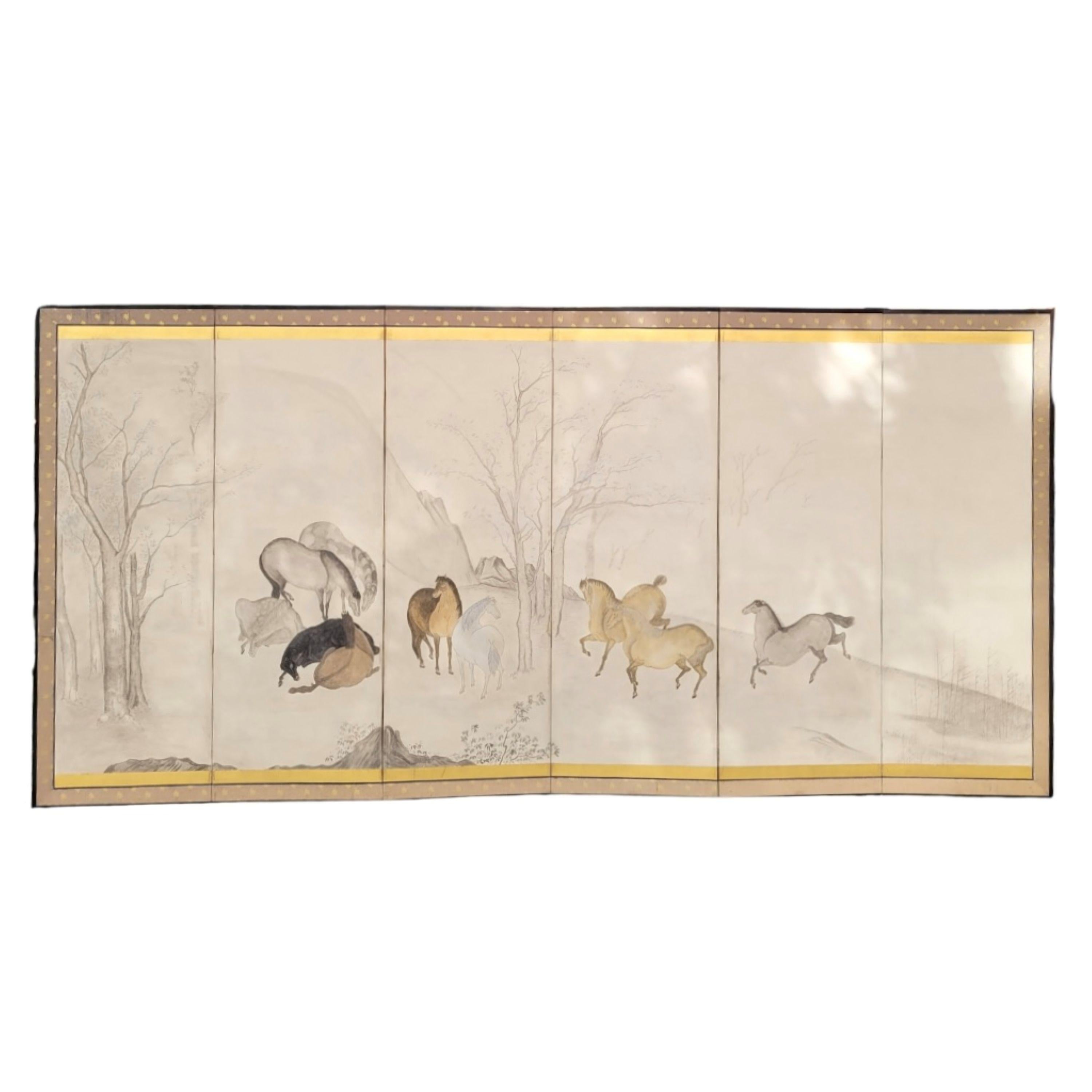 Edo period (1615-1868) Animal Art - Hasegawa School Edo Folding Screen with Horses Byobu Horses Japan