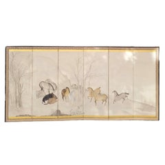 Hasegawa Schule Edo Folding Bildschirm mit Pferden Byobu Pferde Japan