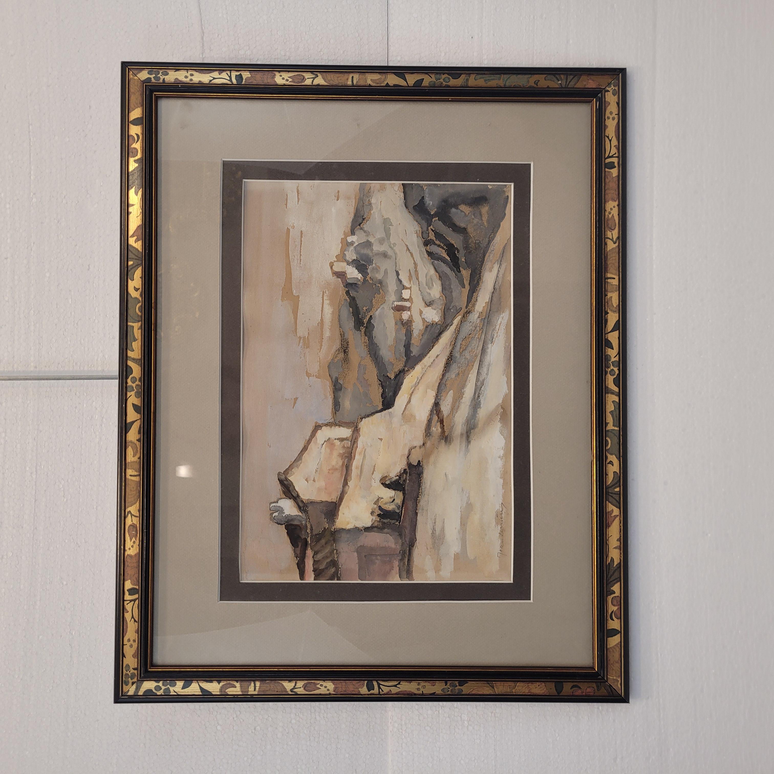 Aquarelle sur papier Village français par Jean Derriére Vintage - Marron Figurative Art par Unknown