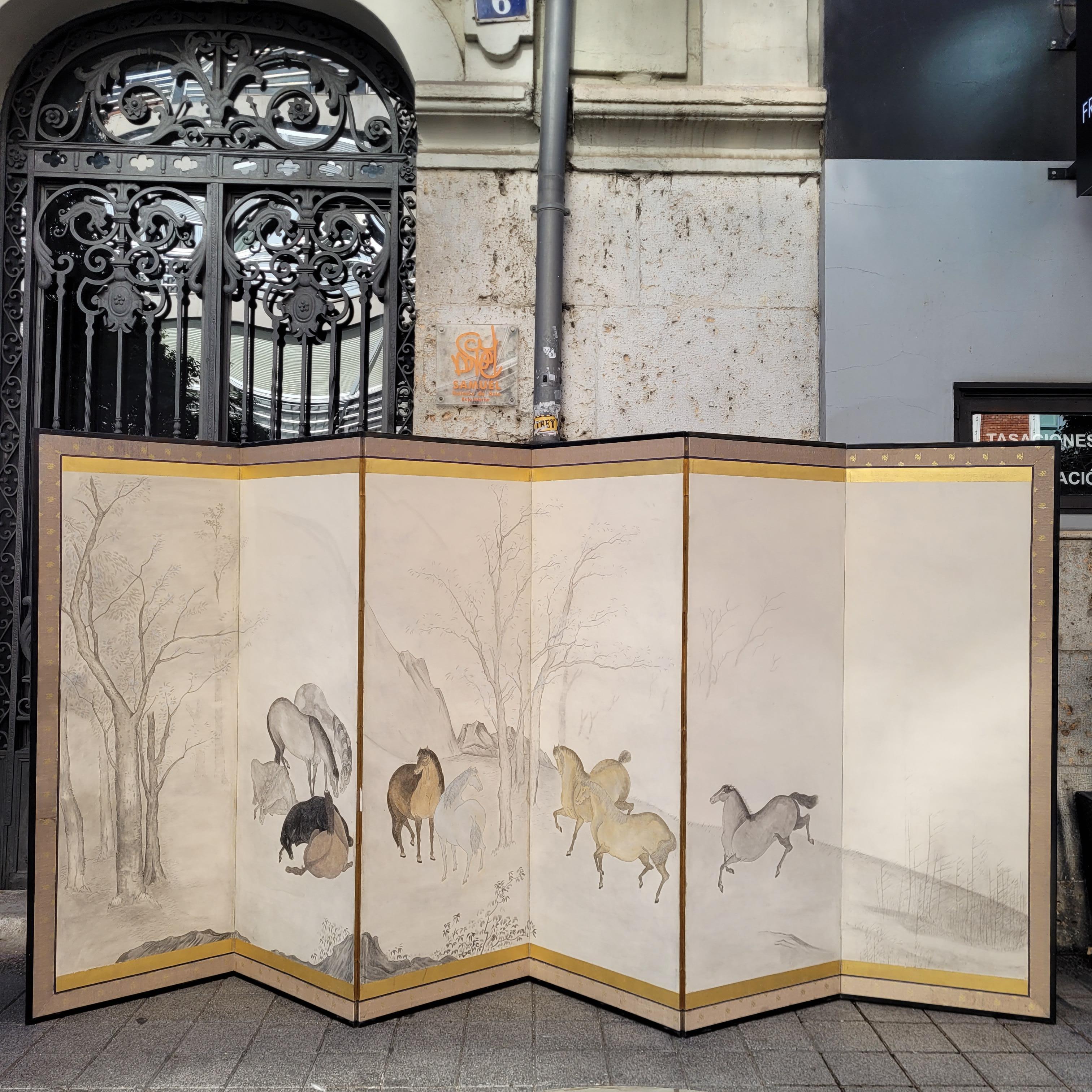 Hasegawa School Edo Folding Screen with Horses Byobu Horses Japan For Sale 1