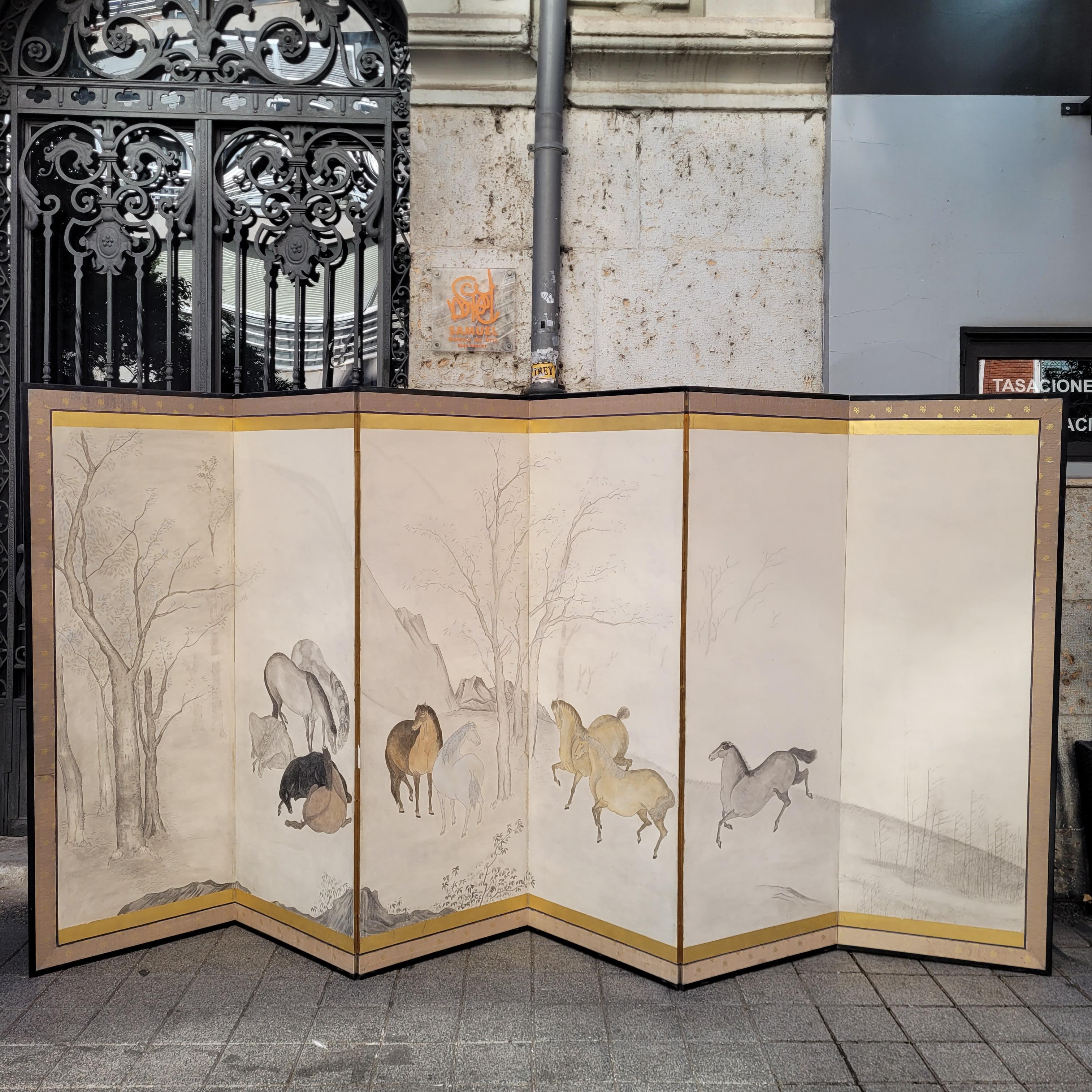 Hasegawa School Edo Folding Screen with Horses Byobu Horses Japan For Sale 2