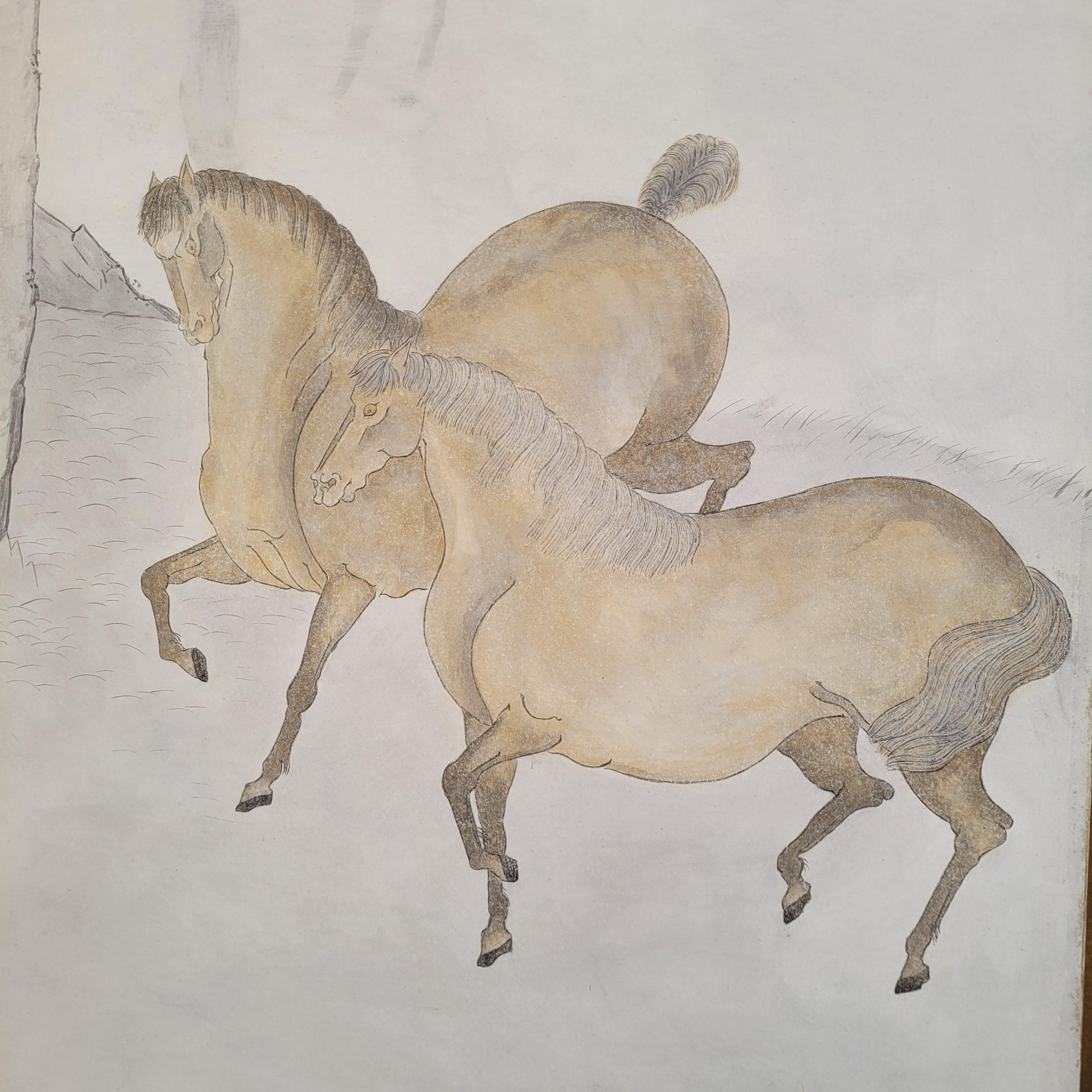 Hasegawa School Edo Folding Screen with Horses Byobu Horses Japan For Sale 7