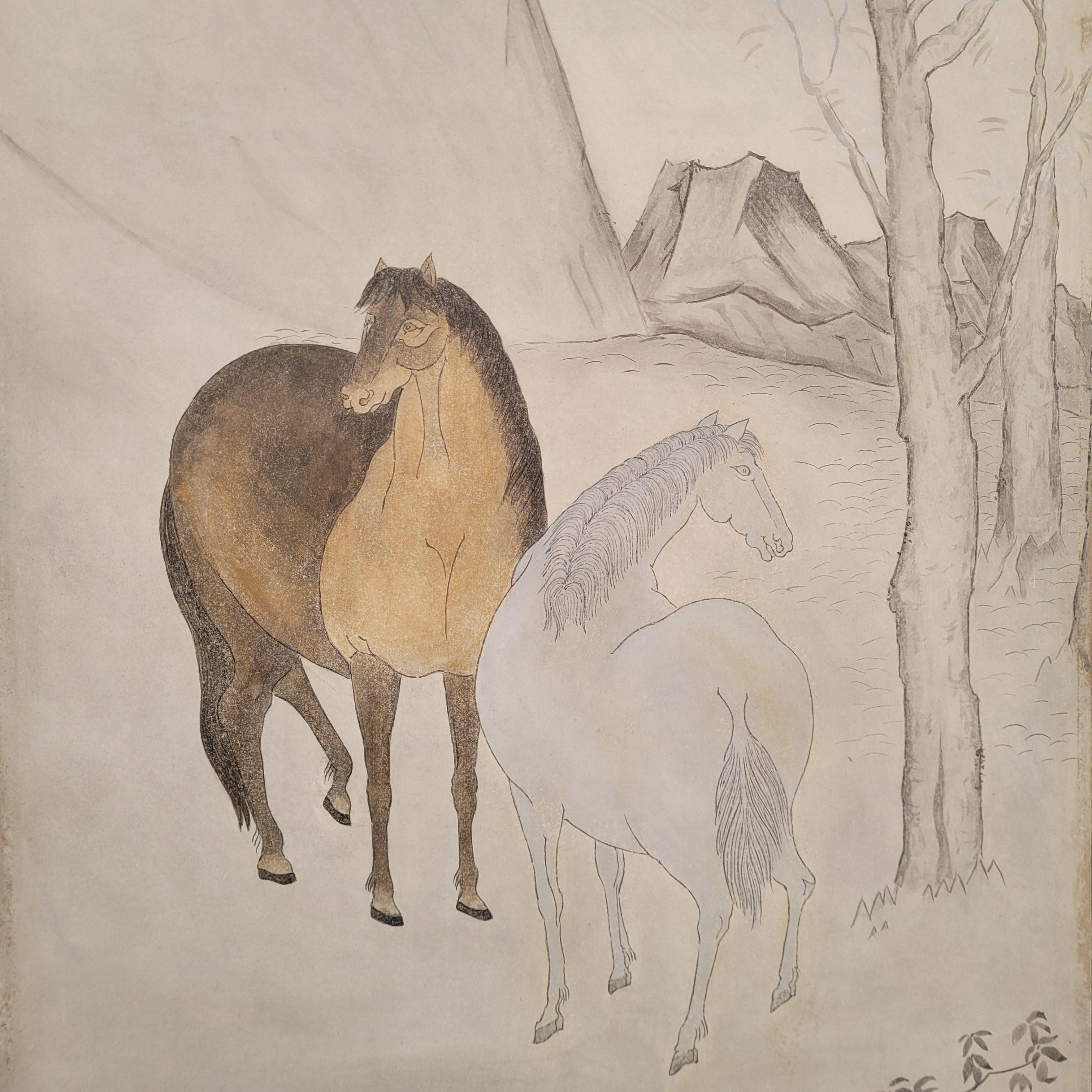 Hasegawa School Edo Folding Screen with Horses Byobu Horses Japan For Sale 6