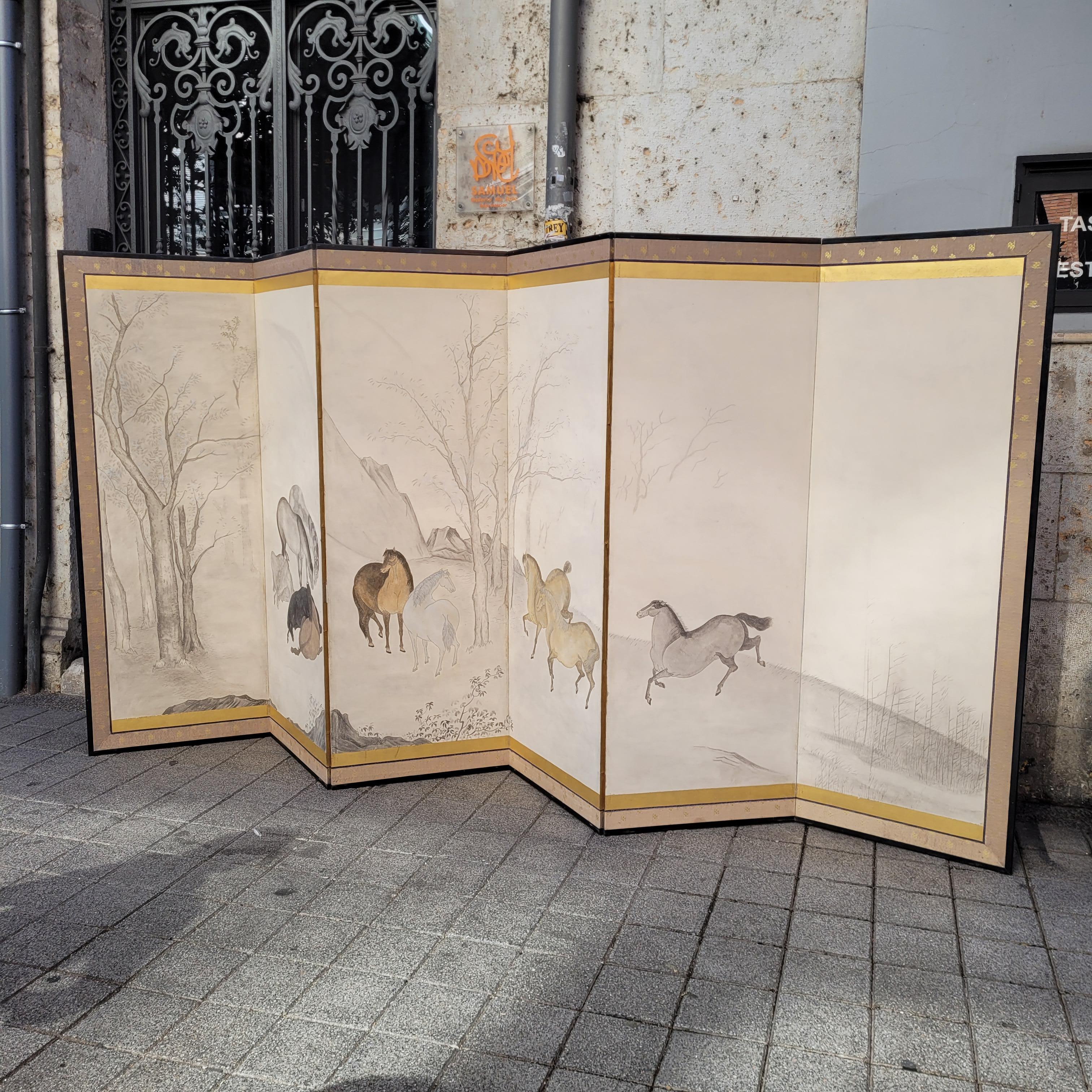 Hasegawa School Edo Folding Screen with Horses Byobu Horses Japan For Sale 3