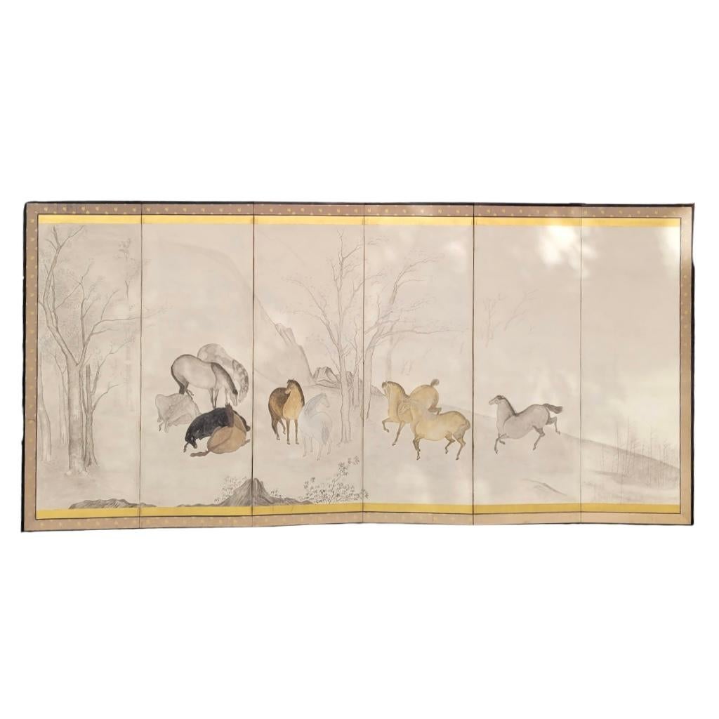 Hasegawa School Edo Folding Screen with Horses Byobu Horses Japan - Beige Animal Art by Edo period (1615-1868)