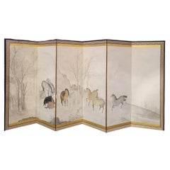Hasegawa School Edo Folding Screen with Horses Byobu Horses Japan