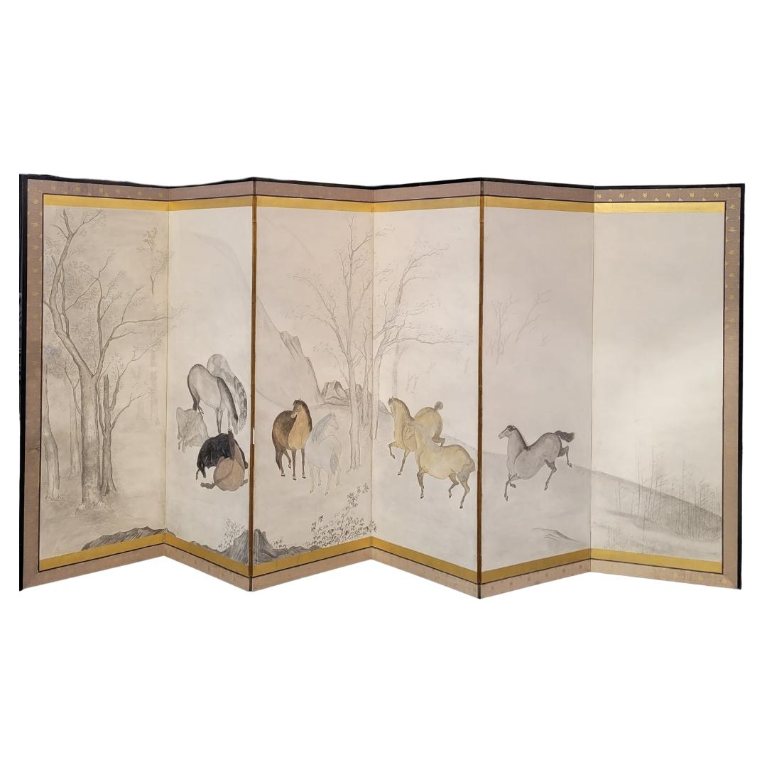 Hasegawa School Edo Folding Screen with Horses Byobu Horses Japan For Sale 16