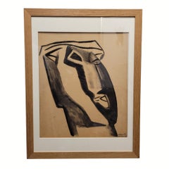 Midcentury Ink on paper "Moai" by French artist Reynold H. Arnould