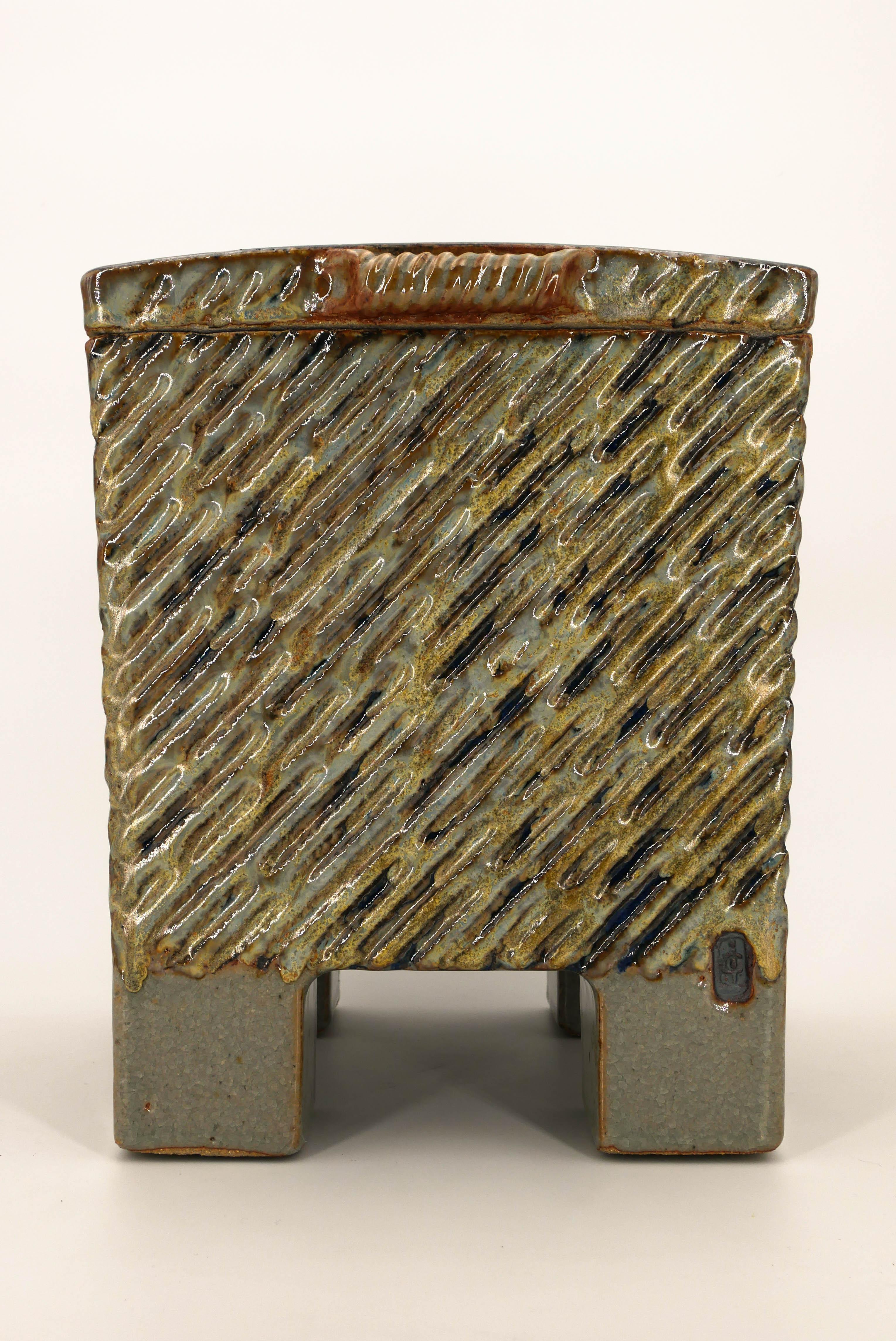 Unique piece

Techniques: Stoneware chest, modeled, engraved, glazed, cabochon, square gold leaf on lid, layered glazes - Wax resist - Brush decoration - Glazes from my mineral research - 1280° reduction firing

Signed below JC Canonne and stamped