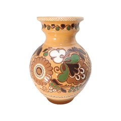 Bohemian Vintage Ceramic Vase, Hand-Painted Folk Art Pottery with Floral Design