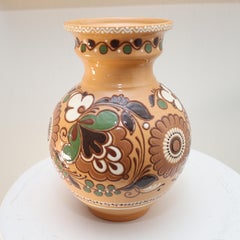 Bohemian Vintage Ceramic Vase, Hand-Painted Folk Art Pottery with Floral Design