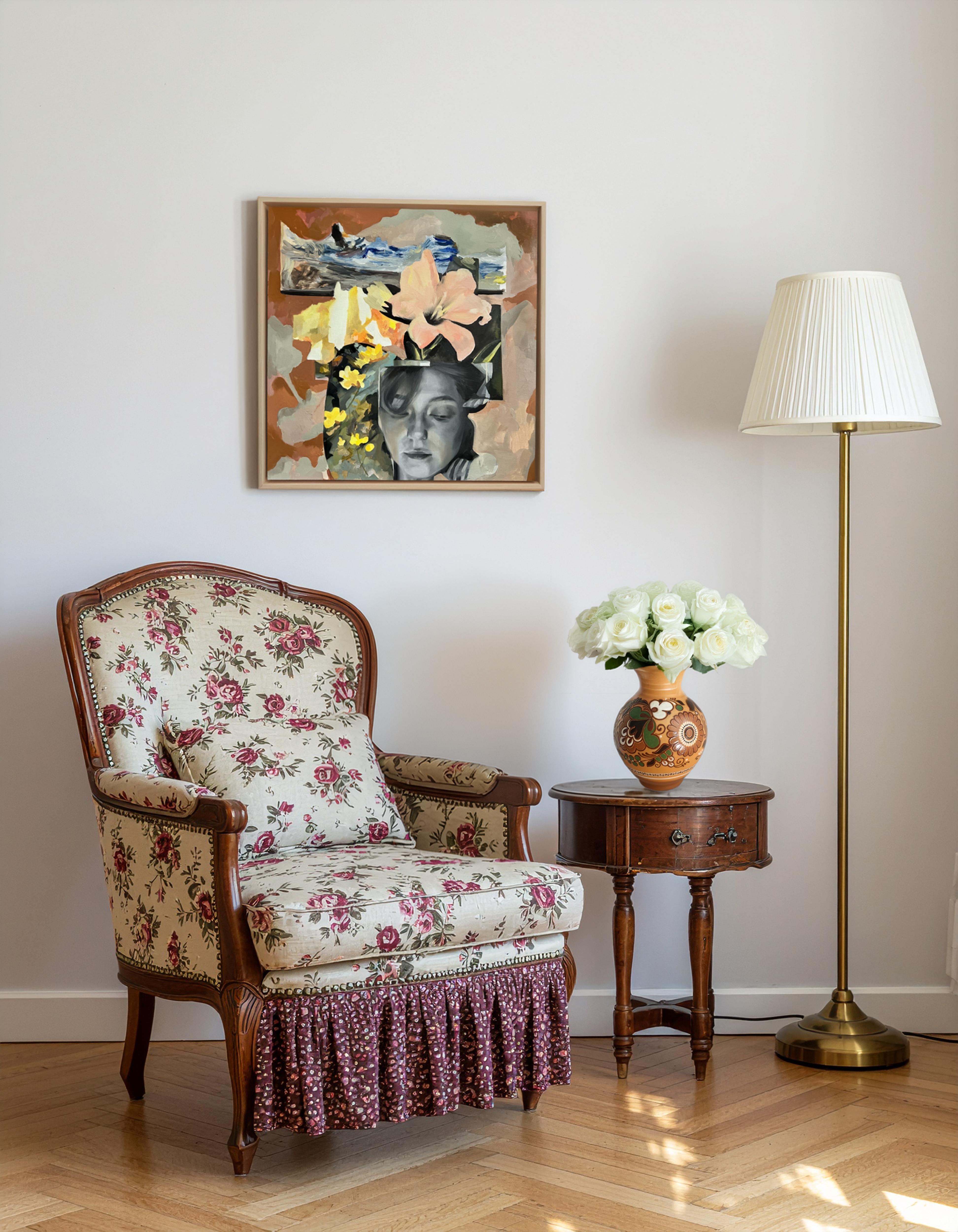 Vase bohème en céramique vintage, poterie d'art populaire peinte à la main avec design floral en vente 1