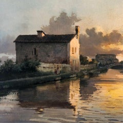 Watercolor "Island of Torcello with Devil's Bridge," Alberto Prosdocimi, '900