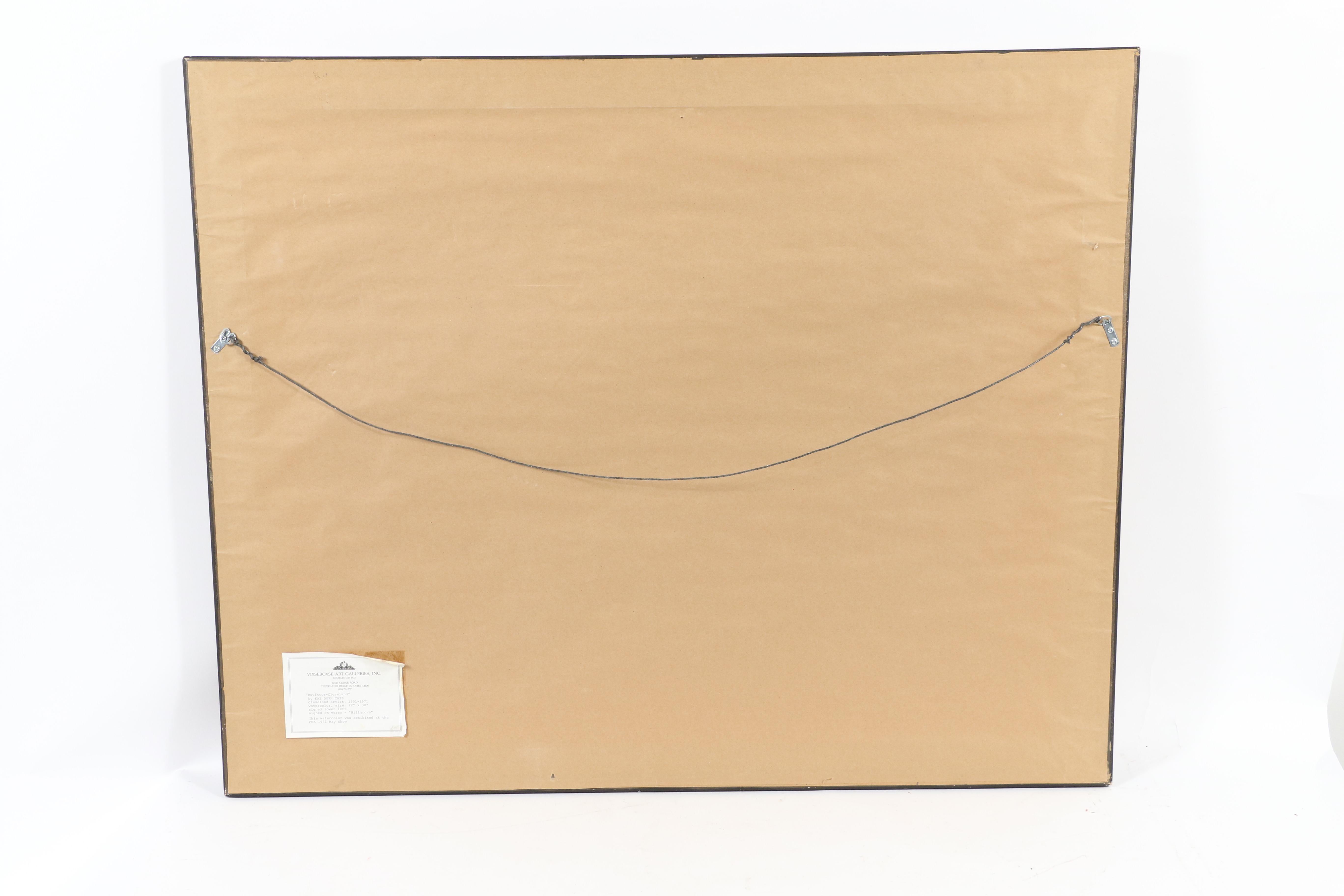 Signiert unten links. Vixseboxse Art Galleries, OH Etikett verso.

Ausgestellt: Dreizehnte jährliche Mai-Ausstellung, Cleveland Museum of Art, Cleveland, OH, 1931

Kae Dorn Cass wurde 1901 geboren und blieb ihr ganzes Leben lang ein Clevelander. Sie