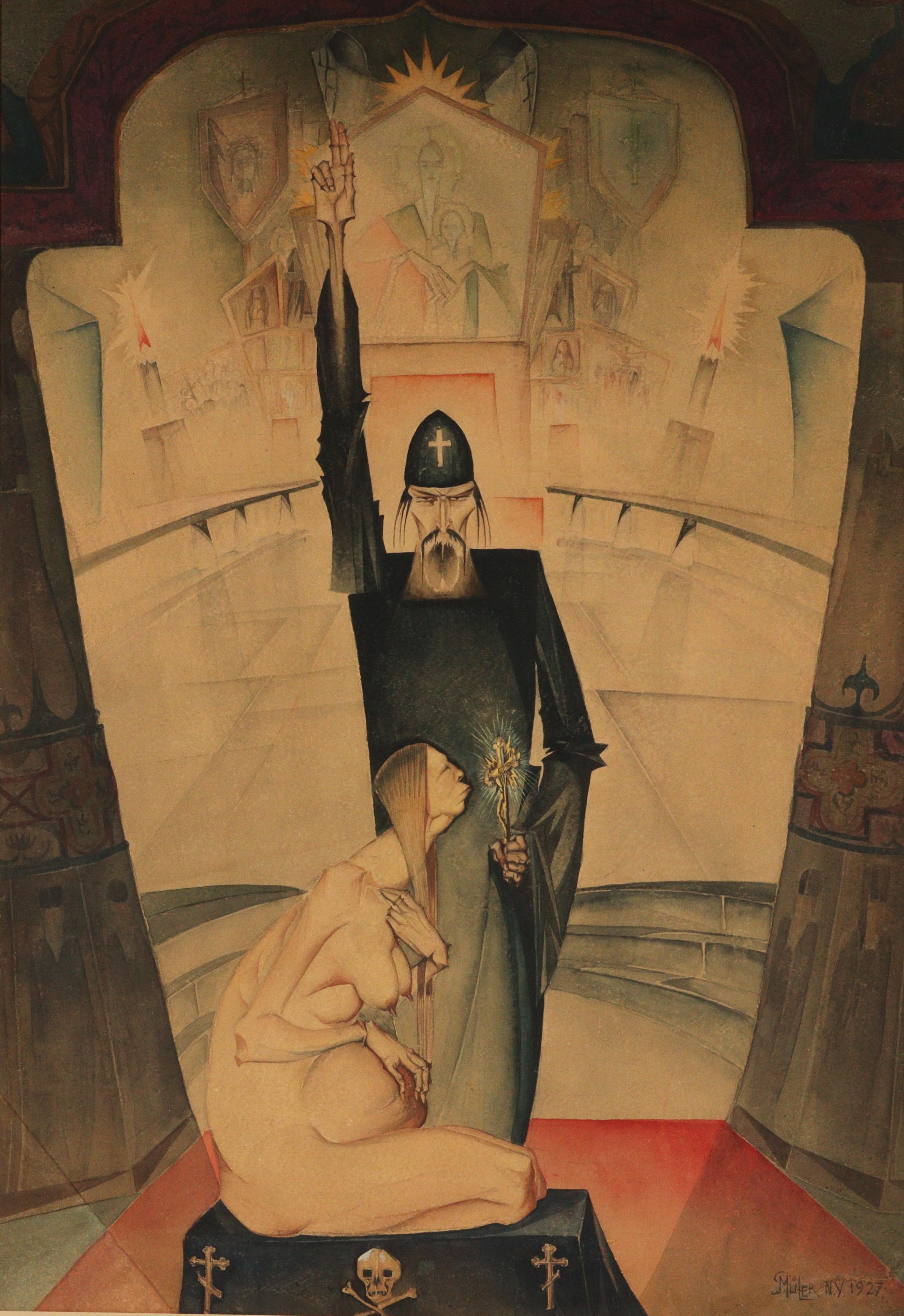 Priest with Pregnant Woman - Beige Portrait by Paul Muller