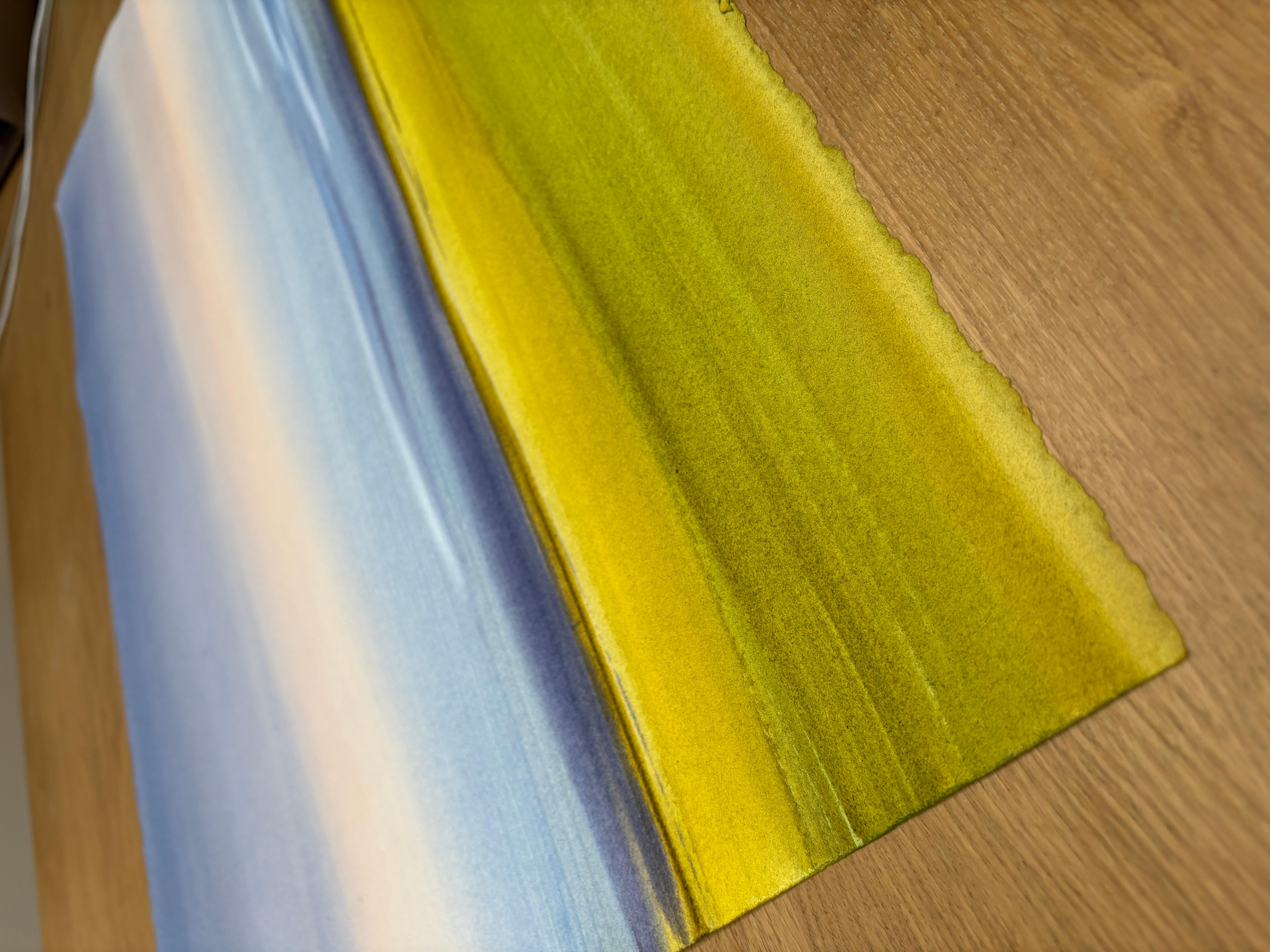 Ce paysage atmosphérique peint à l'aquarelle sur papier d'archivage par Dodi Fredericks représente un ciel lunatique avec une lumière vibrante se reflétant sur une rivière sinueuse. La douceur du lavage donne l'impression d'être en harmonie avec la