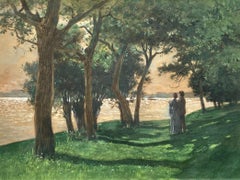 „Lovers by the Lake“ – Aquarell, Symbolismus, signiert, gerahmt, 1898