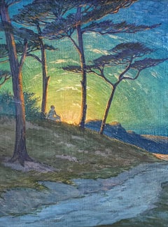'Sunrise by the Sea' watercolour and gouache by H. Wooller