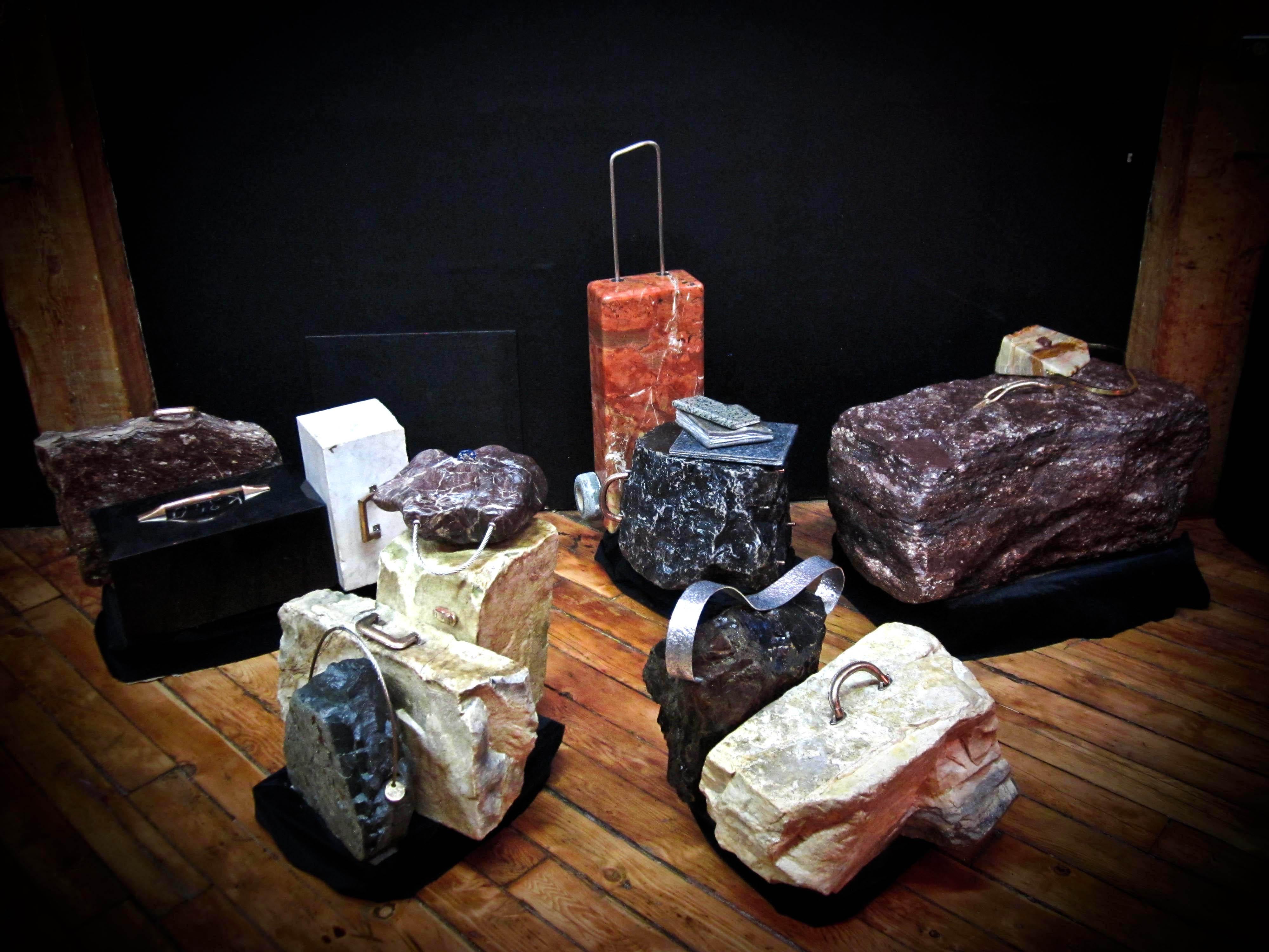 Travelling Sculpture Show III - grouping, stone, travel narrative installation 12