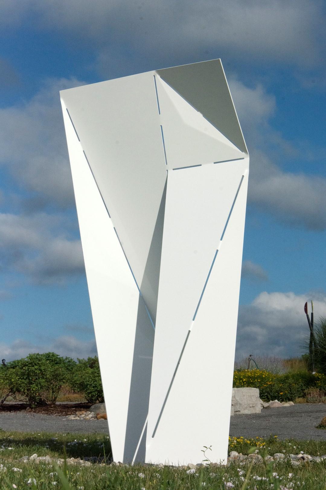 Rocco Turino Abstract Sculpture - Rebus - large, white, minimalist inspired, powder coated steel outdoor sculpture