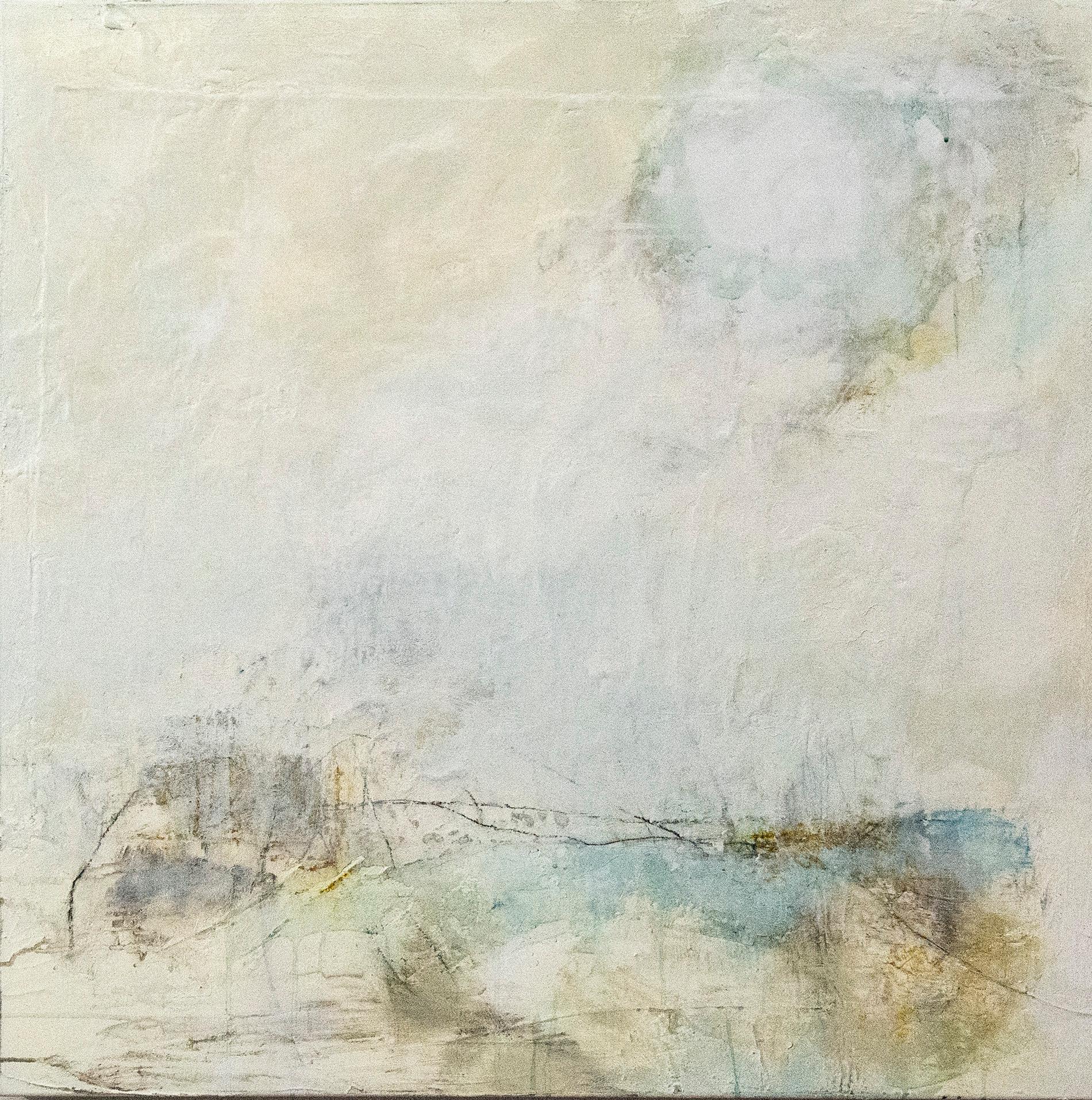 Lure Us Again - textured, muted pastel colours, abstract, acrylic on canvas - Painting by Sharon Kelly