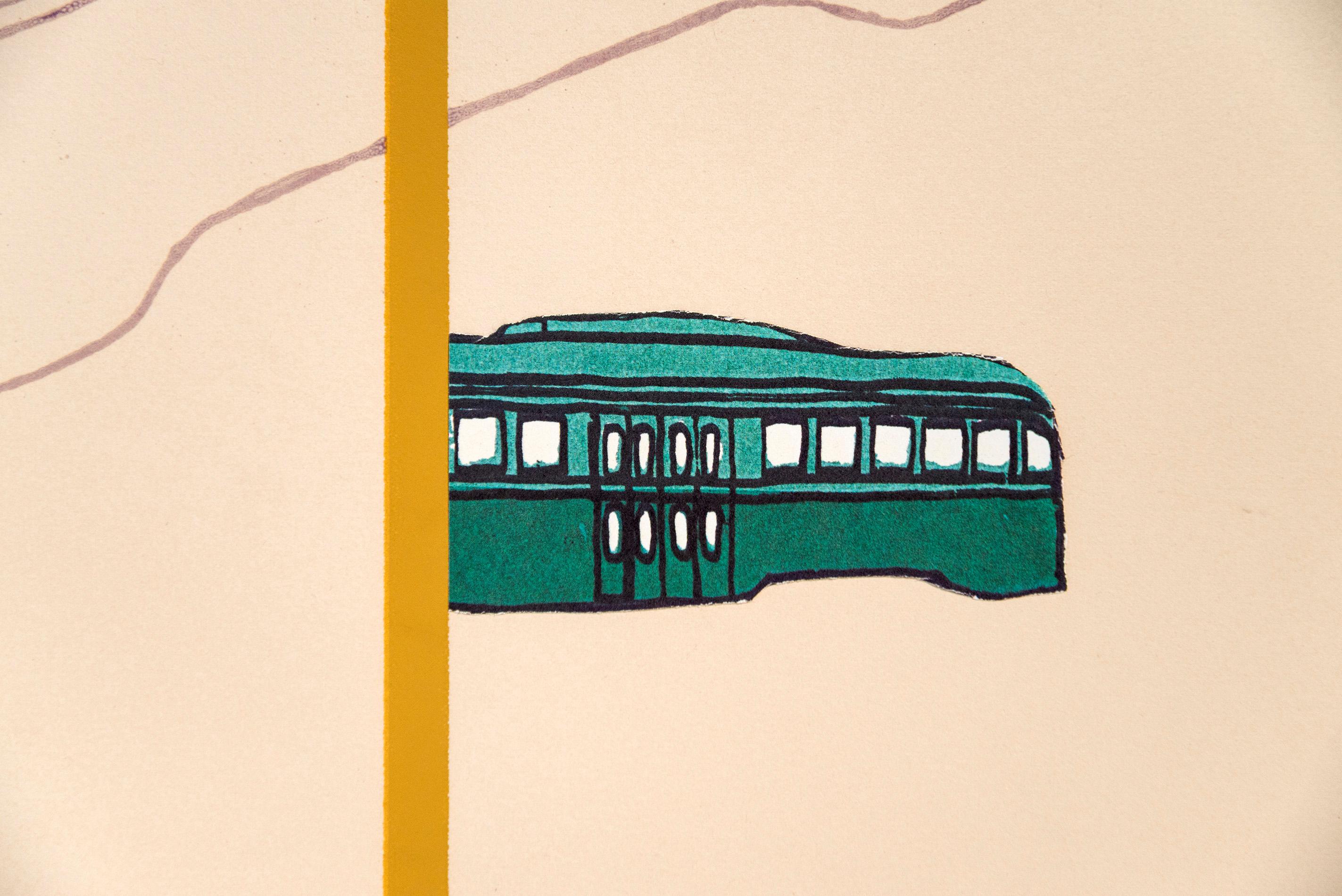 Streetcar Situation Green A/P 1/1 -figurative, playful, pop-art, limited edition - Contemporary Art by Charles Pachter