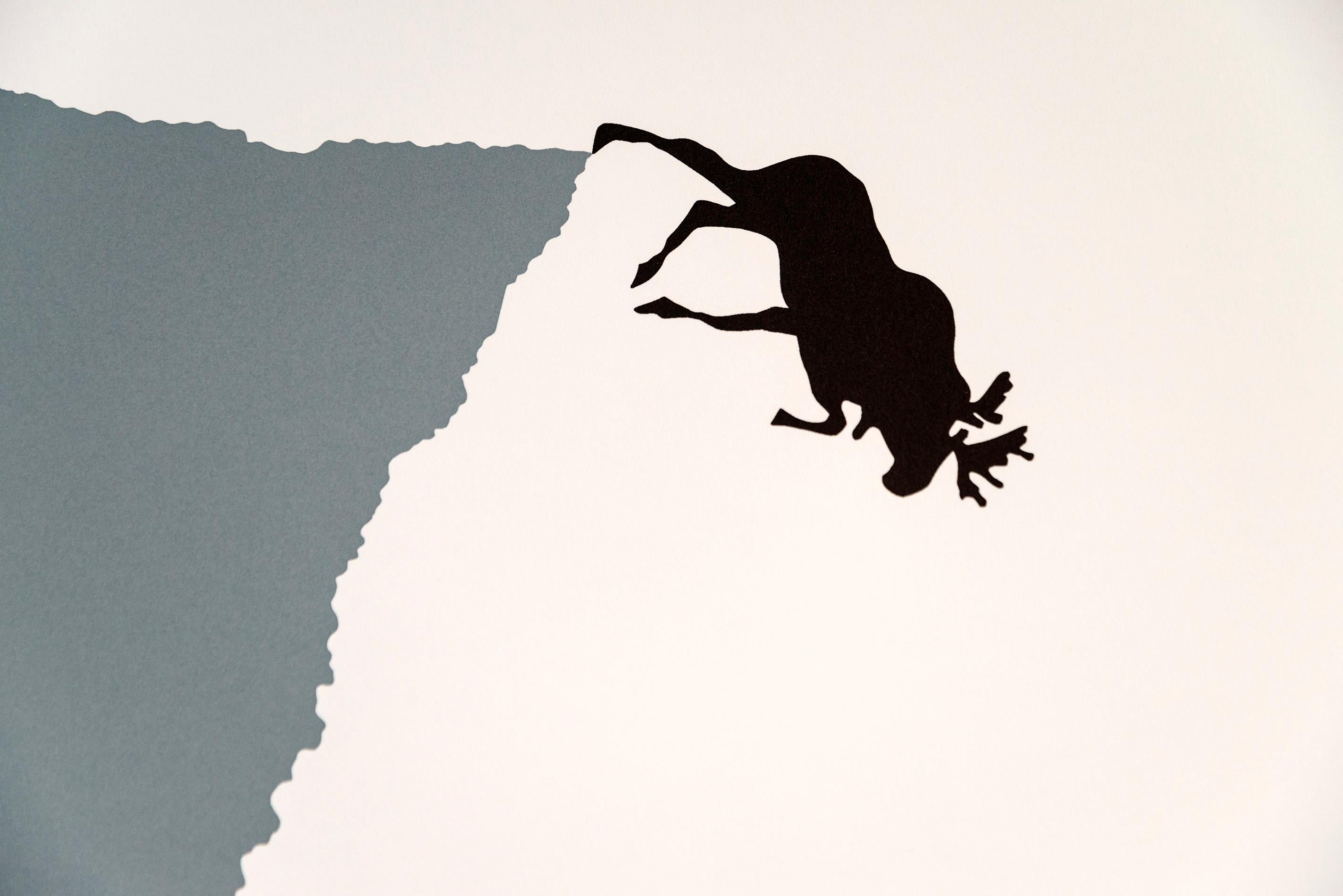 The iconic Canadian image of a moose— ‘the Monarch of the North’ is captured in this early serigraph by Charles Pachter. The black outline of a moose is viewed plunging off a cliff into dark waters below. The backdrop in white, the soft green and