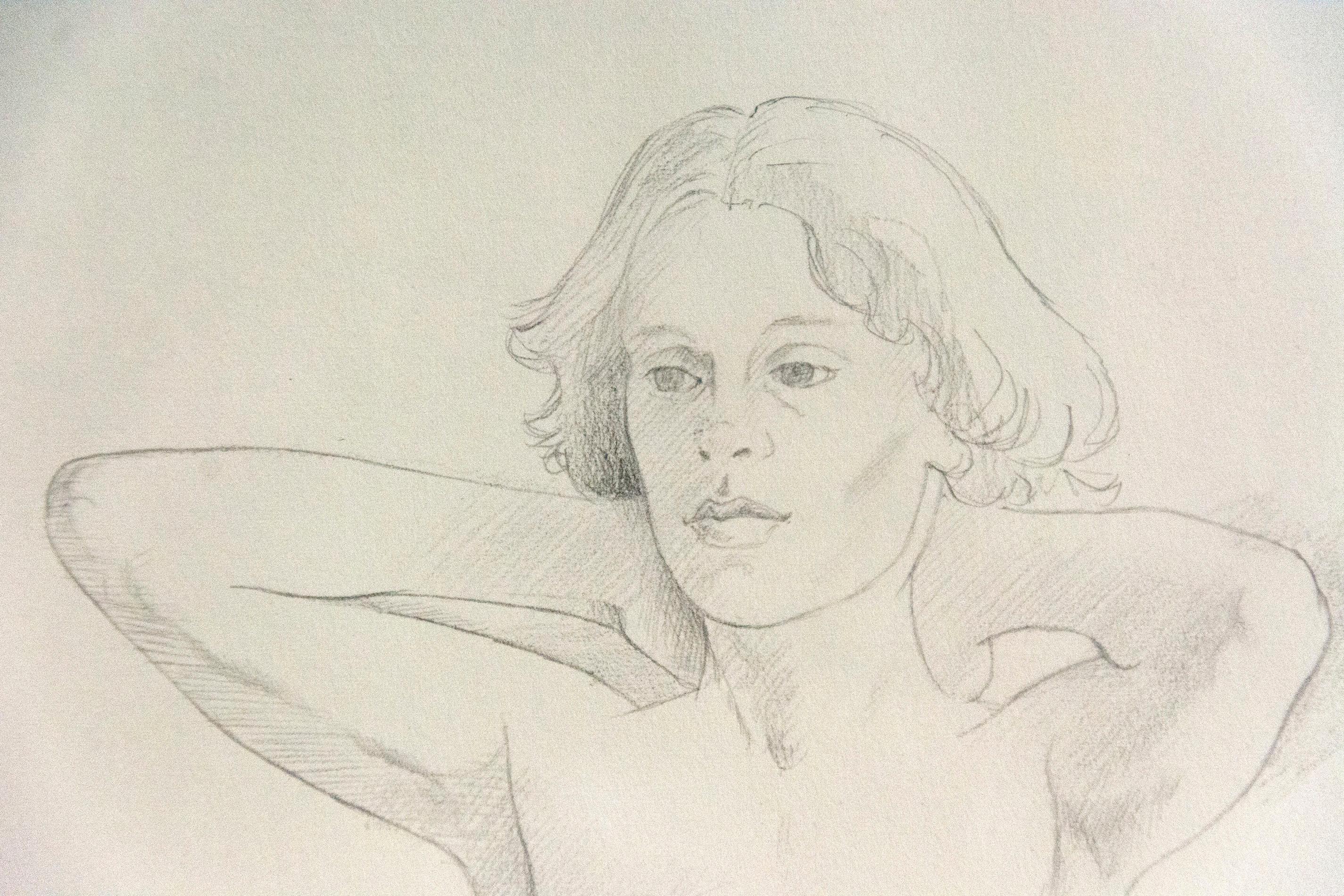 Ragazza inginocchiata - femmina, figurativa, nuda, disegno a matita su carta - Art Accademia di Christopher Pratt